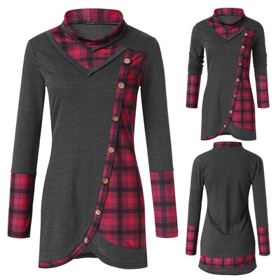 

Nomeni Blouse Women Long Sleeve Plaid Turtleneck Tartan Tunic Sweatshirt Pullover Tops