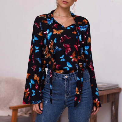 

Autumn New Bow Tie Butterfly Print Trumpet Sleeve Long Sleeve Shirt