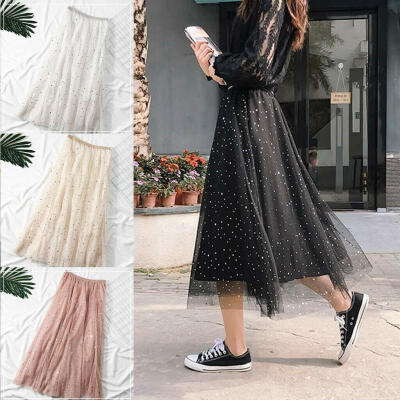 

New Women High Waist Pleated Skirt Long Skirt Swing Star Moon Tulle Dresses