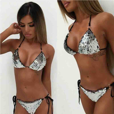 

New Women Push Up Beach Swimwear Sequin Triangle Bra Bikini Set Bathing Swimsuit