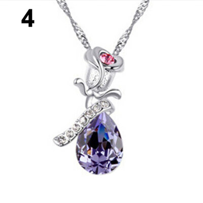 

Womens Fashion Tear Drop Rhinestone Rose Flower Pendant Chain Necklace Gift
