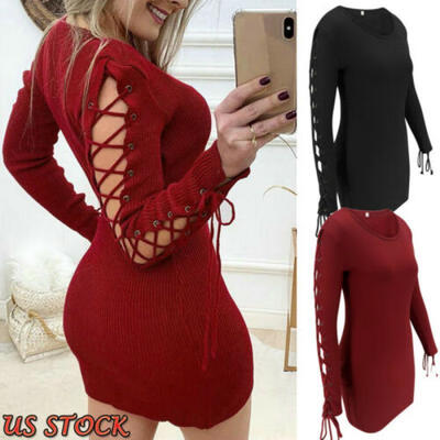 

Women Autumn Winter Knitted Sweater Dress O Neck Casual Party Mini Dresses