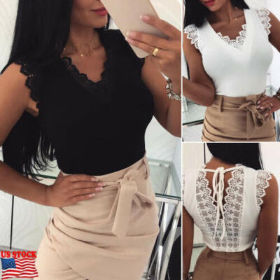 

USA Fashion Womens Lace Casual Sleeveless Vest Tank Top Backless T Shirt Blouse