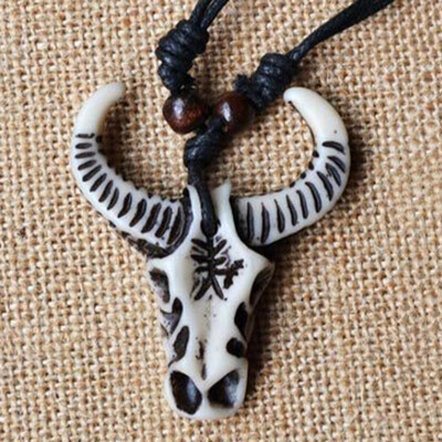 

Cool Punk Men Bull Head Ox Horn Pendant Necklace Braided Rope Chain Gift