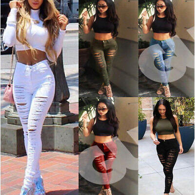 

Women Casual Denim Skinny Ripped Pants High Waist Stretch Jeans Pencil Trousers