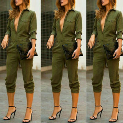 

Women Dungaree Long Playsuit Jumpsuit Romper Cargo V Neck Button Casual Trousers