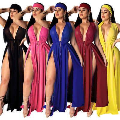 

Women Chiffon Long Cardigan Sleeveless Split Drawstring Waist Loose Maxi Bikini Cover Ups Dress Beachwear