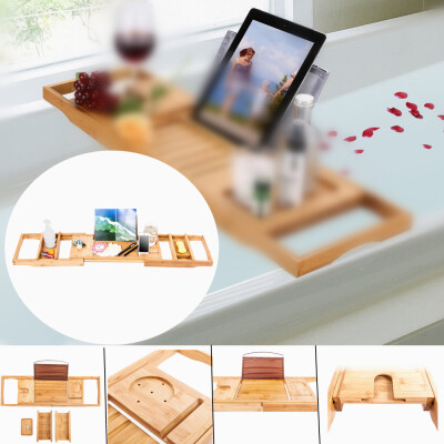 

Bamboo Bathtub Rack Shower Telescopic Tray Wine Cup Soap Box Tablet Holder Table