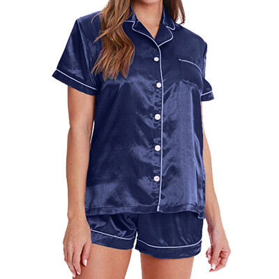

Toponeto Women Summer Home Button Down Solid Satin Pajama Short Sleeve Set Sleepwear PJs