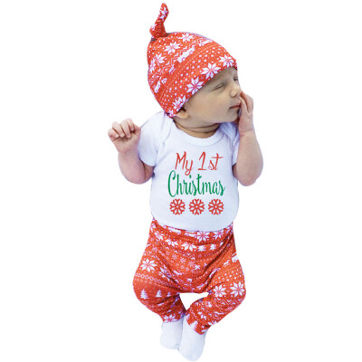 

Newborn Baby Boys Girls Tops Romper Pants Hat 4PCS Outfits Set Christmas Clothes