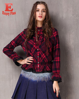 

S M L vintage cotton new autumn spring 2018 women blouse shirt long sleeve red&black plaid loose lady top