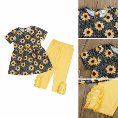 

UK Infant Kid Baby Girls Sun Flower Print TopsPants Summer Outfits Clothes 2-7Y