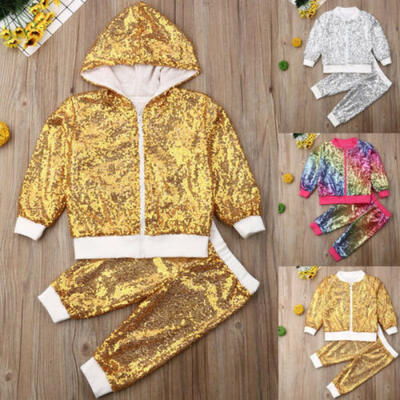 

Toddler Kids Baby Girls Clothes Shiny Hooded Tops CoatLong Pants Outfits Sets