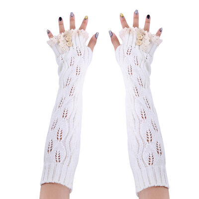 

Women Solid Color Lace Buttons Fingerless Long Gloves Arm Warmer Knitted Mittens