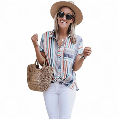 

Striped Shirt Womens Suit Collar Short Sleeve Loose Shirt