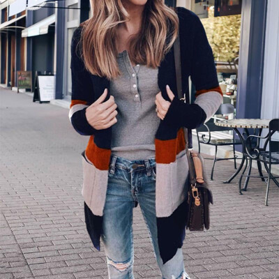 

2019 Women Fashion Personality Contrast color With pocket Slim fit Medium&long section Sweater cardigan