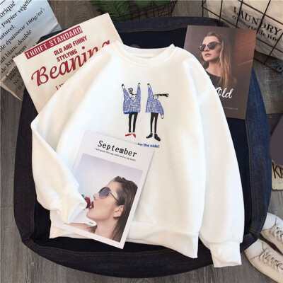 

New Autumn Winter Loose Wild Double Cartoon Pattern Round Neck Pullover Clothes Women