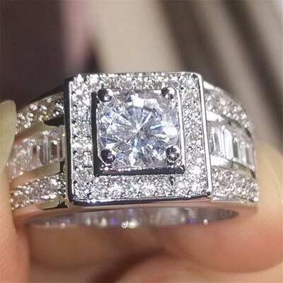 

Fashion New 18K White Gold Wedding Ring Square Design Cubic Inlay Rhinestones Copper Men Diamond Ring Size 5-12