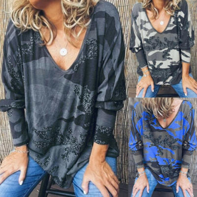 

Womens Camouflage Casual Tops Blouse Short Sleeve V-Neck Floral T-Shirt Ladies