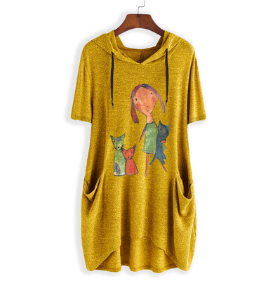

Nomeni Women Casual Print Short Sleeves Side Pocket Hooded Irregular Top Blouse Shirts