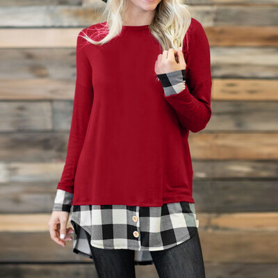 

Nomeni Women Lady Fashion Soild Button Tops Plaid Splice Long Sleeve Tunic Shirt Blouse