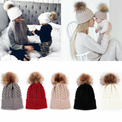 

US Women Baby Warm Winter Knit Wool Beanie Fur Pom Bobble Hat Crochet Ski Cap