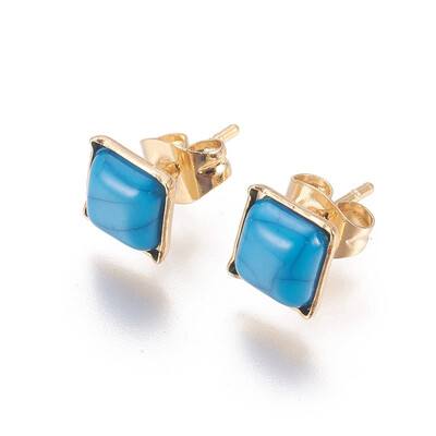 

Golden Tone 304 Stainless Steel Stud Earrings with Plastic Imitation Turquoise Square Blue 65x65x25mm Pin 07mm