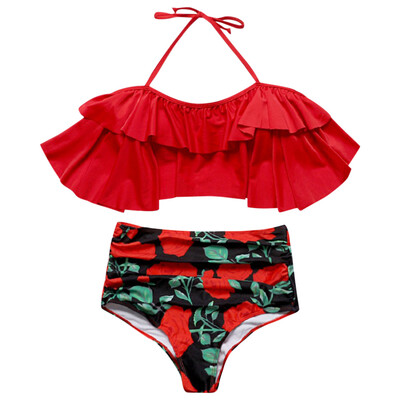 

Halter Neck Backless Padded Flounce Floral Print High Waist Swimsuit Women Bikini Set