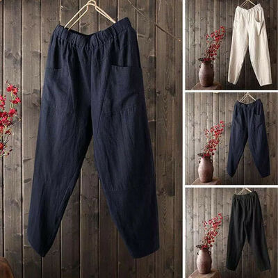 

Fashion Casual Mens Summer Loose Solid Linen Trousers Beach Pants New