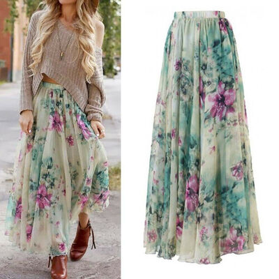 

New Women Chiffon Floral High Waist Maxi Dress Skater Flared Pleated Long Skirt