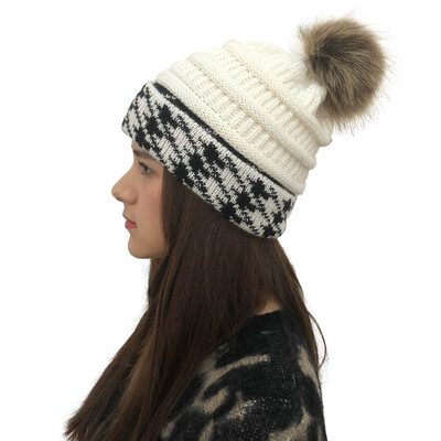 

Tailored Women Stitching Outdoor Faux Fur Ball Hats Crochet Knit Holey Beanie Cap