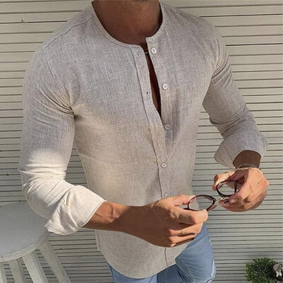 

Mens Long Sleeve Round Neck Loose Tops Button Down Solid Beach Summer Blouse
