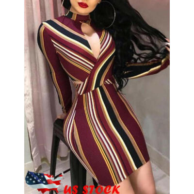 

Fashion Women Long Sleeve Colorful Stripes Long Bodycon Dress Clubwear Casual