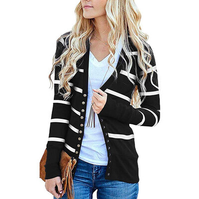 

Toponeto Womens V Neck Button Down Stripe Long Sleeve Soft Striped Cardigan Tops