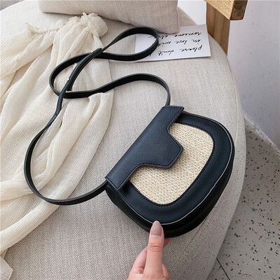 

Summer PU stitch saddle women messenger bag 2019 semi-circle candy color handbag straw woven female beach shoulder crossbody bag