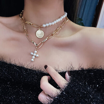 

New Fashion Luxury Imitation Pearls Choker Necklace for Women Cross Pendant Necklaces 2019 Gold Color Hyperbole Coin Jewelry