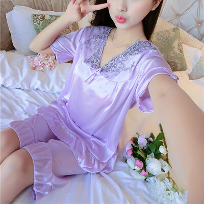 

Women 2Pcs V Neck Emulation Silk Pajamas Top Shorts Lingerie Sleepwear Nightwear