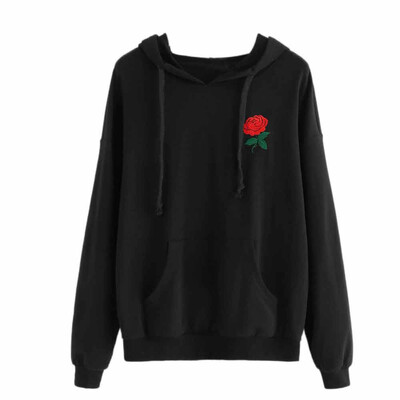 

Nomeni Women Fashion Rose Tops Black Hooded Pullover Drawstring Sweatshirt