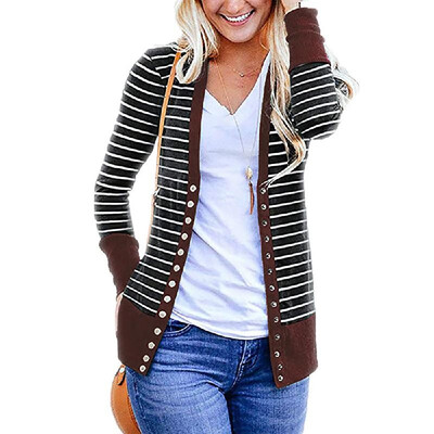 

2019 Autumn Amazon Explosion Womens Stripe Print Stitching Long Long Sleeve Single-Breasted Cardigan Jacket Add