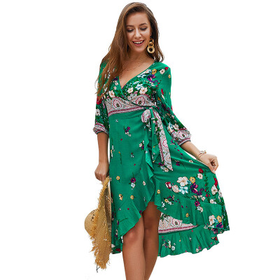 

Women Summer National Style Slim Sexy V Collar Long Sleeve large Swing Retro Print Long Dress