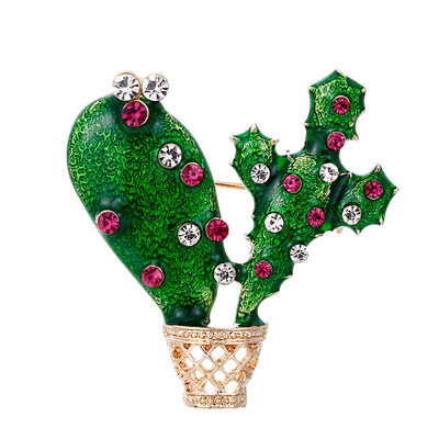 

Fashion Green Enamel Cactus Brooch Kids Lady Crystal Plant Corsage Suit Scarf Dress Decoration Gold-color Jewelry Pins