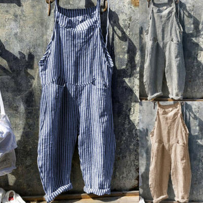 

Womens Casual Loose Linen Pants Cotton Jumpsuit Strap Harem Trousers Overalls