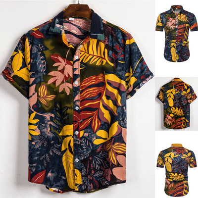 

Toponeto Mens Ethnic Short Sleeve Casual Cotton Linen Printing Hawaiian Shirt Blouse