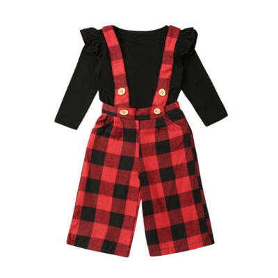 

Newborn Toddler Kids Baby Girl Cotton Tops Plaid Bib Long Pants Outfits Clothes