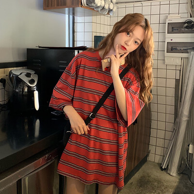 

Korean Style Women Striped O-Neck T-Shirt Casual Loose Half Sleeve Tops Summer T Shirt