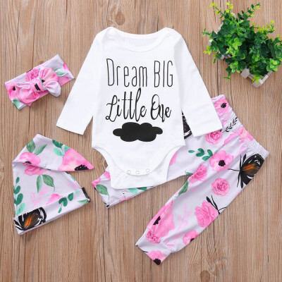 

Newborn Baby Letter Floral Cloud Print TopsPantsHatHeadband Set Clothes