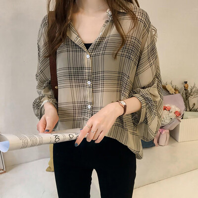 

Women Vintage Plaid Print Lapel Shirt Loose Long Sleeve Blouse Plus Size Tops