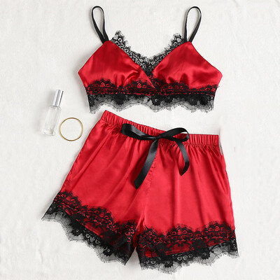 

2pcs Women Sexy Satin Lace Sleepwear Babydoll Lingerie Nightdress Pajamas Set