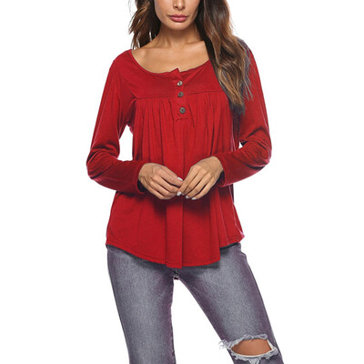 

Women T Shirt Tops Long Sleeve O-Neck Button T Shirts Pleated Autumn Winter Casual Solid Women Tshirt Female Loose Tops
