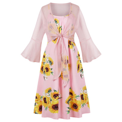 

Tie Front Top&Sunflower Print Cami Dress